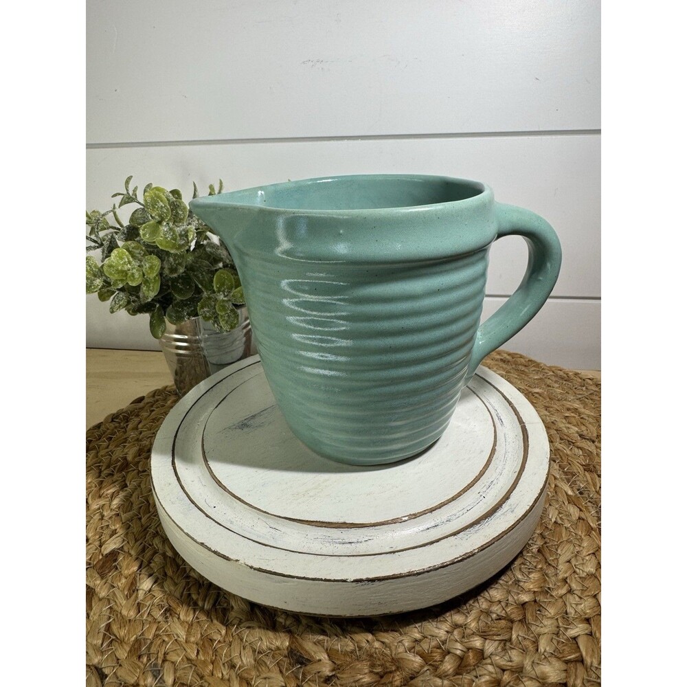 Vintage Stoneware Pottery Blue Green Pitcher Ribbed Sides Ring USA 4.5”